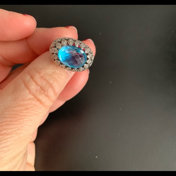 🌸HOST PICK🌸 14K white gold ring with 45 small Diamonds and blue topaz stone. - Picture 5 of 13